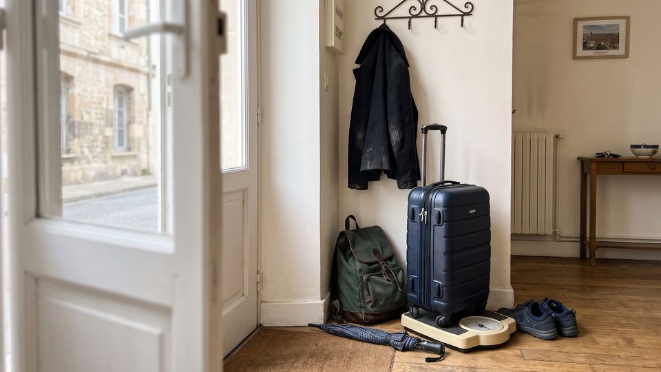 Petite valise posée sur un pèse-personne dans une entrée d'appartement, sac à dos à côté